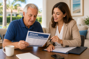 Senior reviewing Medicare Part D formulary and prescription drug coverage with an advisor in Boca Raton Florida