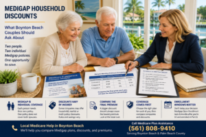 Boynton Beach retired couple reviewing Medigap household discounts and Medicare Supplement insurance with a local Medicare advisor