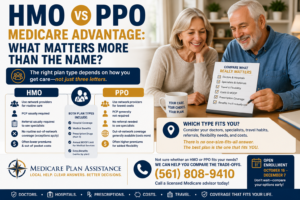 HMO vs PPO Medicare Advantage comparison showing doctors hospitals referrals travel flexibility costs and MOOP
