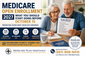 Senior couple preparing Medicare Open Enrollment 2027 checklist before October 15