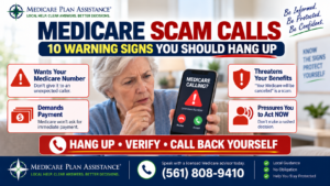 Medicare scam call warning signs showing a senior receiving a suspicious Medicare phone call