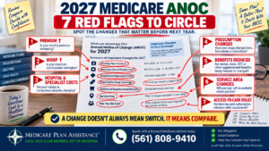 2027 Medicare Annual Notice of Change showing seven ANOC red flags including premiums, MOOP, medical costs, prescriptions, benefits and service-area changes