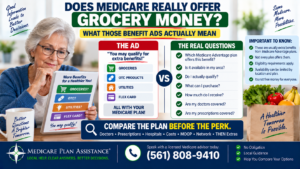 Medicare grocery benefit ads explained, including Medicare Advantage grocery, OTC, utility and flex card benefits and questions beneficiaries should ask